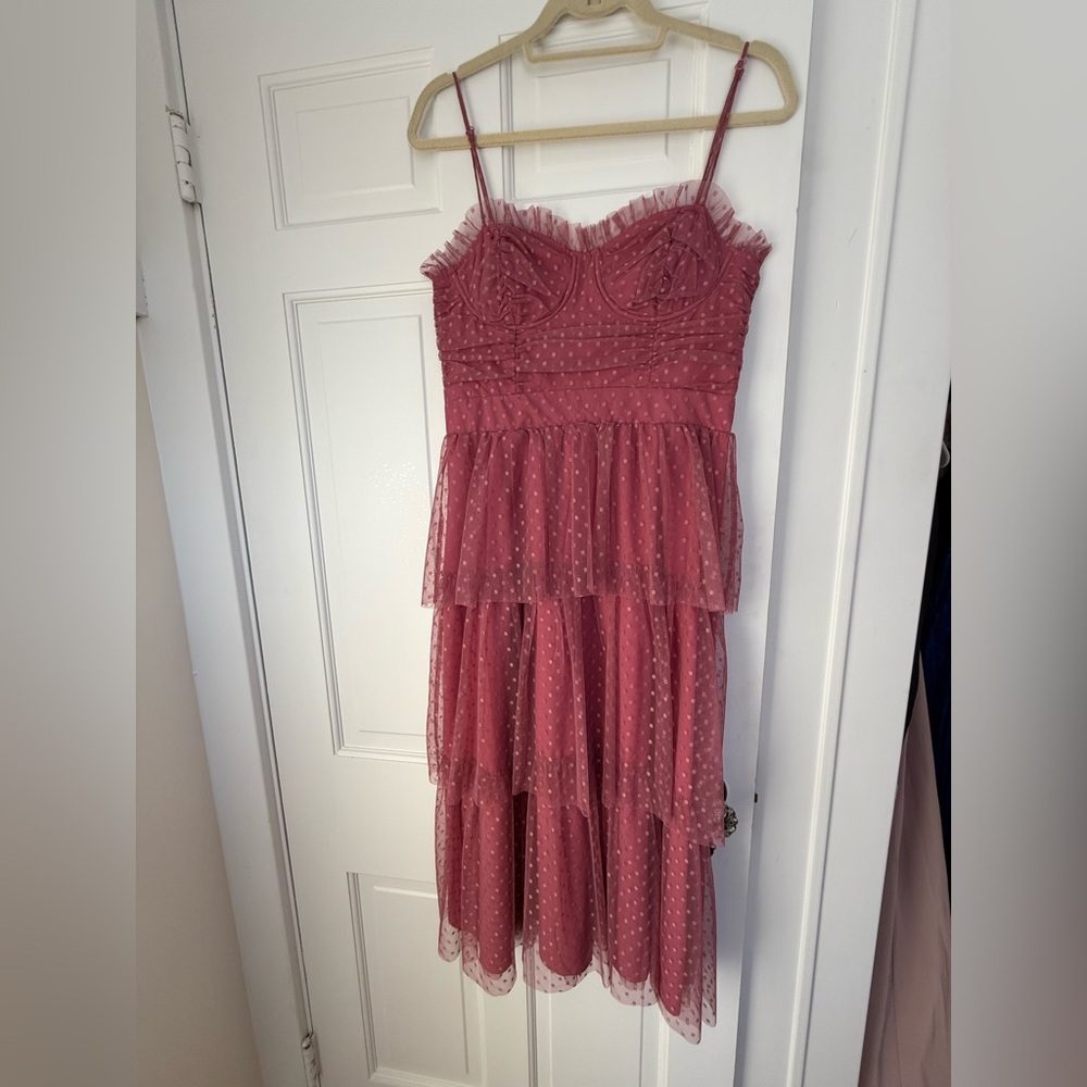 Sweetheart Style Mauve Polka Dot Bustier Tiered Midi Dress